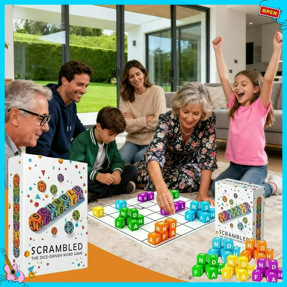 Scrambled Dice Word Game for 2-4 Players, Fun Scrabble Board Game, Brain Exercise Letter Dice Game, Christmas Family Party Game