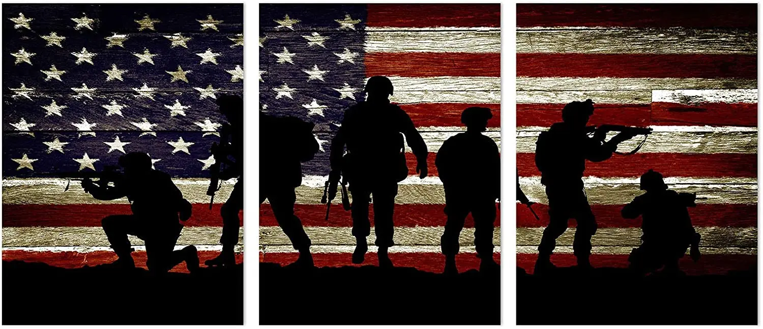 US Flag American Soldier Military Painting Independence Day Theme Artwork Patriotic Concept Canvas Wall Art  For Home Decor