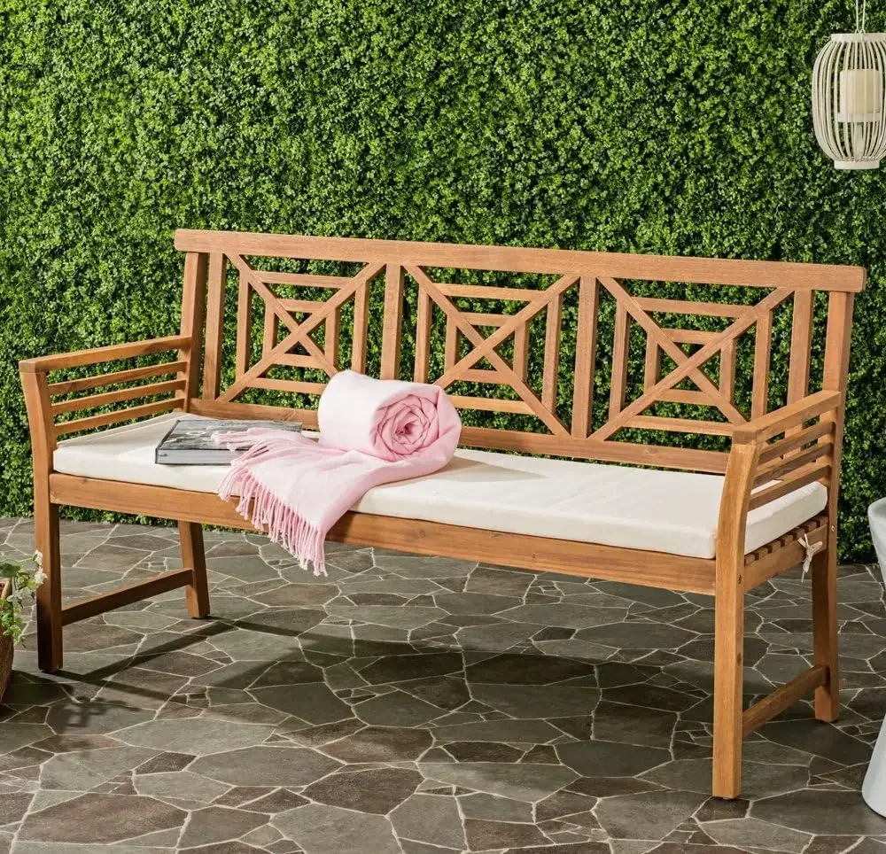 Safavieh PAT6737A Outdoor Collection Del Mar 3 Seat Bench, Natural/Beige