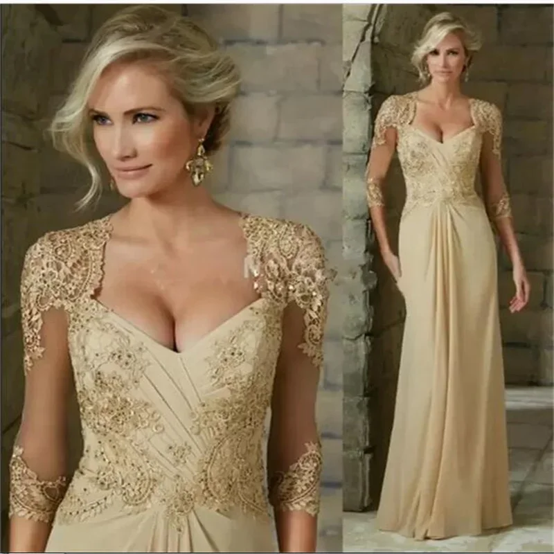 Robes mère de la mariée en mousseline de soie champagne élégantes, appliques en dentelle, soirée formelle, quelle que soit sur mesure, robe de Rhd'invité