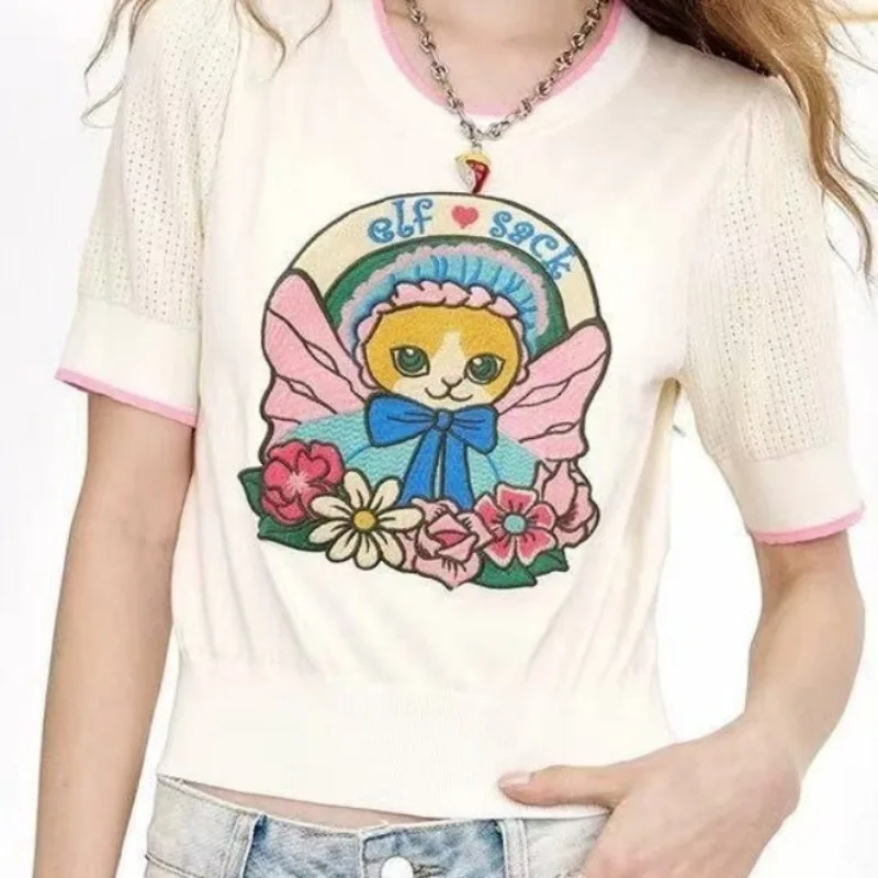 

Women Cartoon Cat Printed Short Sleeve T-shirt Summer Chic Y2k Casual Loose Tops Fashion Thin Knitted Pullovers