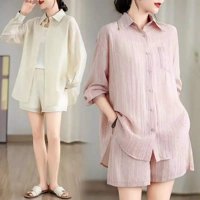 

Korean Oversized Casual Shirt Set Women's Loose Stripes Sun Protection Clothing Wide Leg Shorts 2 Piece Outfit Summer 2024 K854
