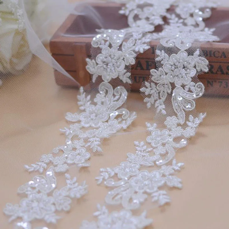 1 Yard Embroidery Lace Fabric Appliques For Wedding Dresses Rhinestone 6CM Wide