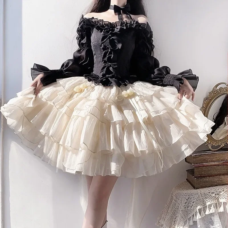 MAGOGO GO-conjunto feminino de duas peças lolita japonesa, top preto de manga comprida, saias inchadas linha A de damasco para meninas, roupas doces de princesa