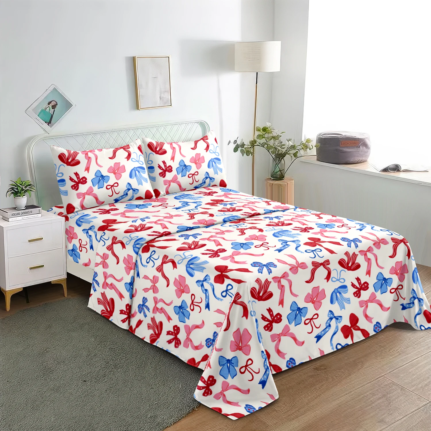 3Pcs Coquette Red Blue Pink Bowknot Flat Sheet Bedding Set, White Base Colorful Bow Print Flat Sheet Fitted Sheet