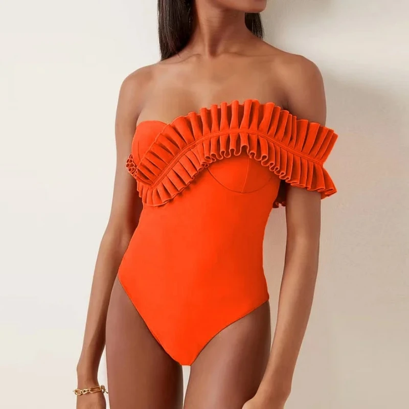 One Piece Swimsuit 2024 New Sexy Solid Ruffle Swimwear Women Yellow Bathing Suit Beach Wear Backless Monokini Female Bodysuit