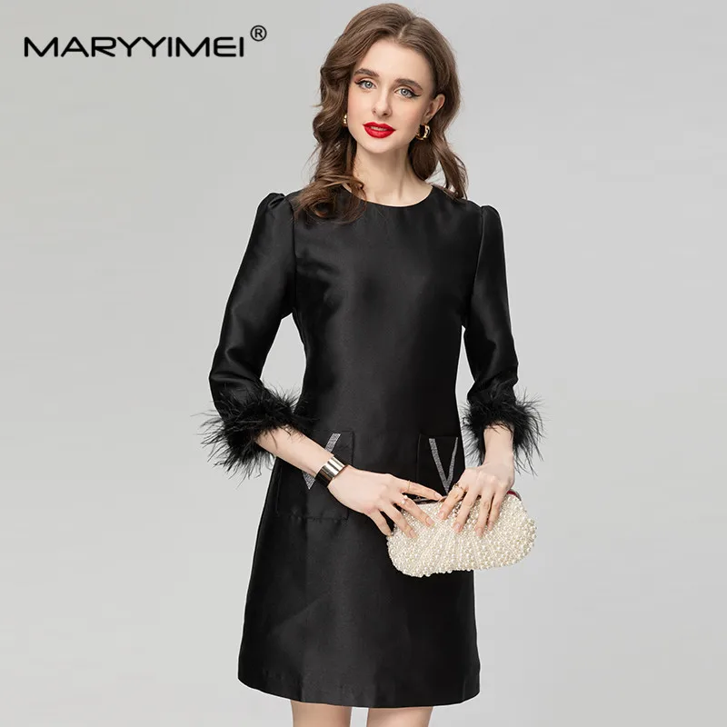 MARYYIMEI New Fashion Runway Designer Women's Round Neck Long-Sleeved Cuff Feathered Pocket Sequin Black Vintage MIDI Dress