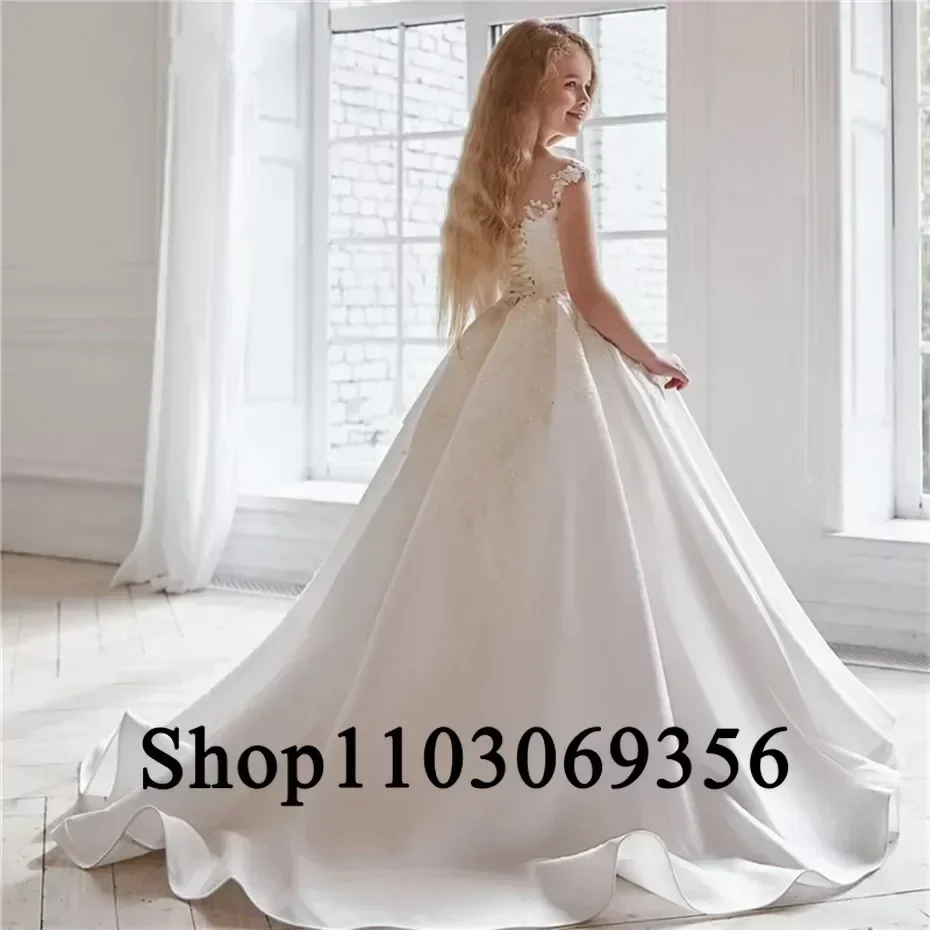 Little Girl Kids Wedding Birthday Party Prom Holiday First Communion Dress White Flower Girl Dress Sleeveless Tulle Applique