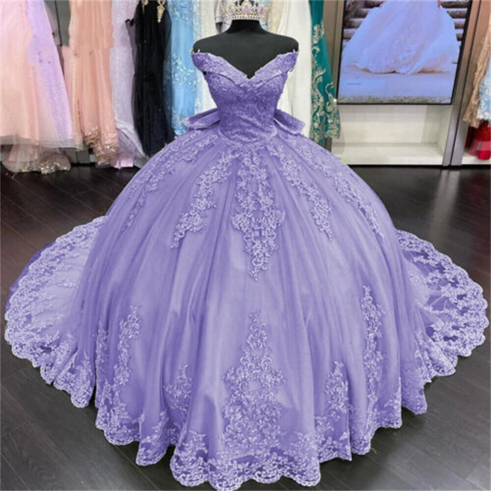 Elegant Lace Off ไหล่ทอง Quinceanera ชุดเซ็กซี่ Applique กับโบว์ Vestidos De 15 Años ที่กําหนดเอง