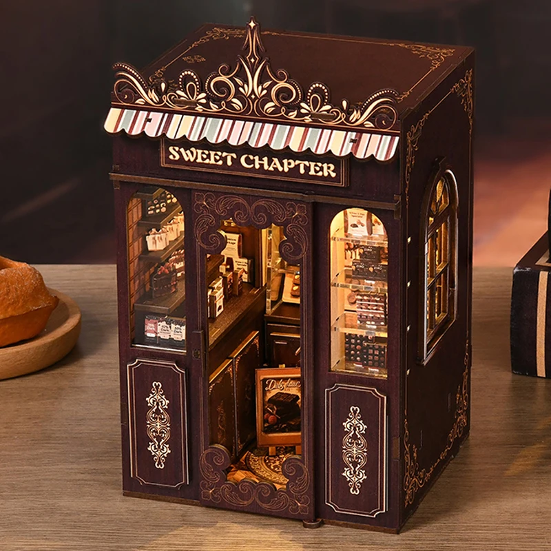 Diy livro nook kits de modelo em miniatura de madeira doce capítulo sobremesa loja estante 3d puzzle estante para amigos presentes aniversário