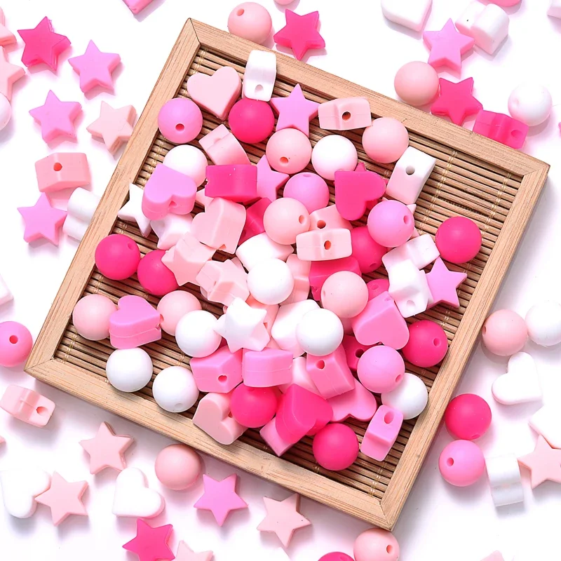 50Pcs Mix Style Silicone Beads Baby Heart Star Shape Nuring Teething Beads DIY Eco-friendly Pacifier Clips Chain Aaccessories