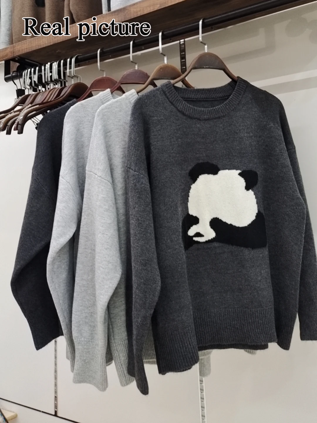 Vintage Gray Y2K Cute Cartoon Animal Embroidery Jacquard Sweater Soft Warm Winter Jersey Oversized Jumper Harajuku Clothes C-106