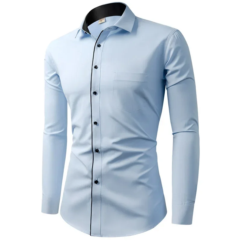 White Shirt Men\'s Long Sleeve Business Dress Spring and Autumn Anti-Wrinkle Casual Blue and Black Button Men\'s Suit Shirt