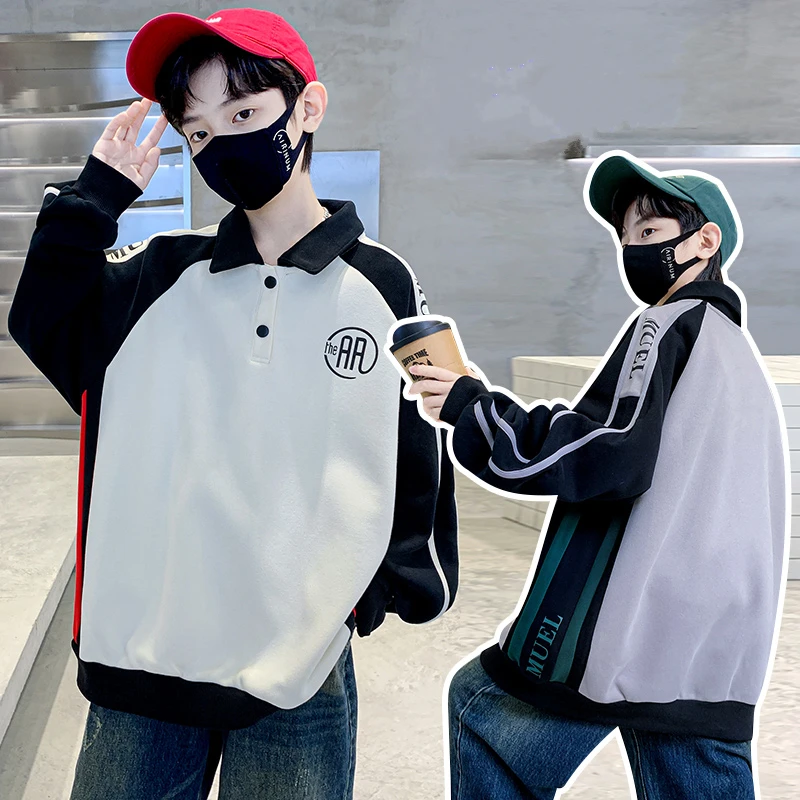 

Autumn Child Cotton Patchwork Sweatshirt for Teens Boy Fashion Streetwear Turn Down Collar Polo Hoodie Outfit Casual Kids Wear