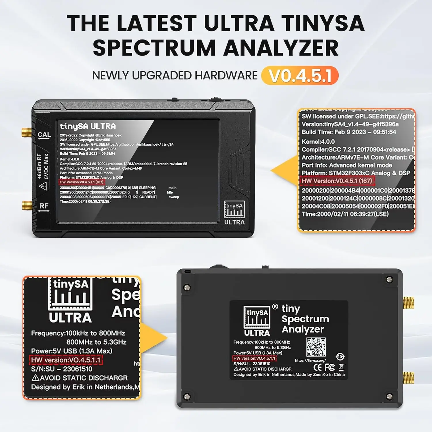 Analisador de espectro SeeSii TinySA ULTRA 4 "Display 100kHz a 5,3GHz com cartão de 32GB versão V0.4.5.1 Novo analisador minúsculo portátil