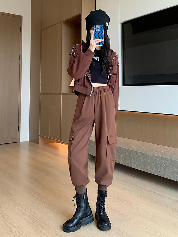 Damskie wełniane spodnie utilitarne jesienno-zimowe, luźny krój, spodnie typu harlan, wysoki stan, elastyczne, jednolite, uniwersalne spodnie codzienne.