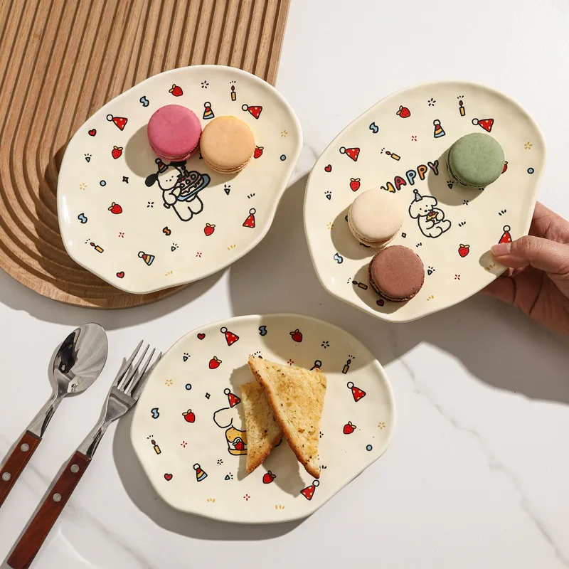

8.2inch INS Style Dish Cartoon Puppy Pattern Ceramic Dish Creative Irregular Dessert Plate Christmas Dining Table Decorations
