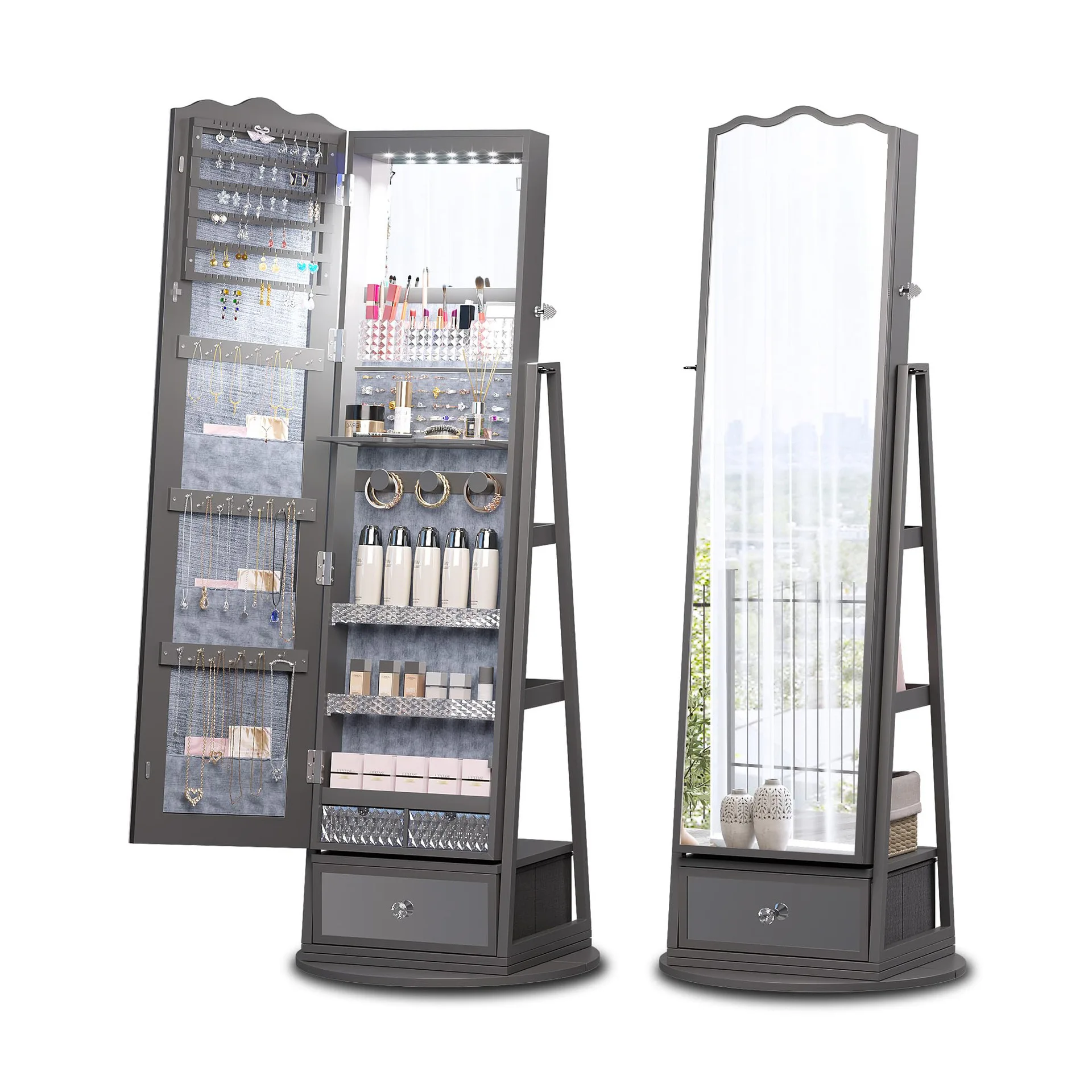 360 ° rotating jewelry cabinet with LED lights, built-in makeup mirror, locking vertical jewelry storage