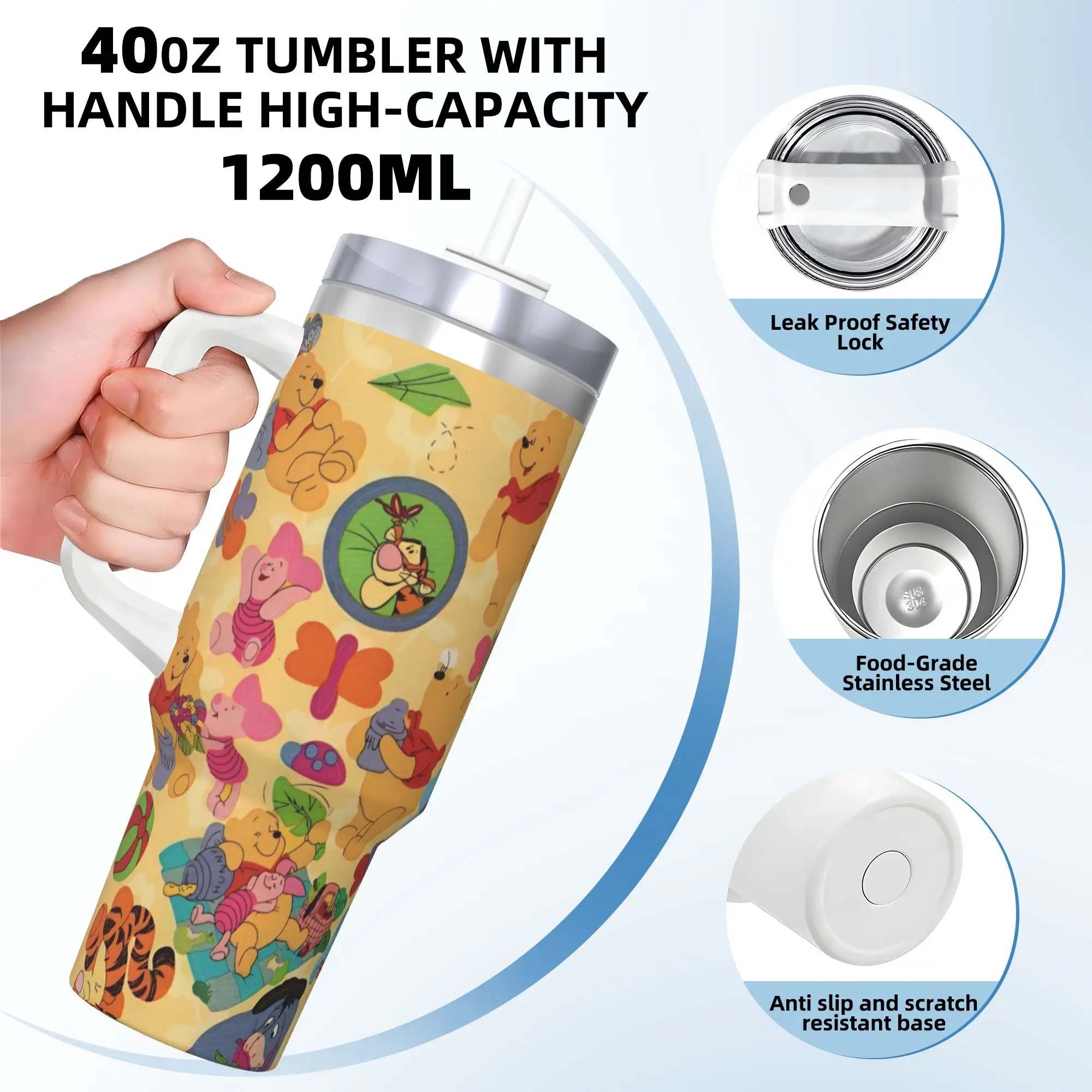 Winnie the Pooh Bear Tiger Pig Stainless Steel Tumbler  Travel Mugs Cup Large Coffee Mug  Cold Drink Milk Tea Water Bottle