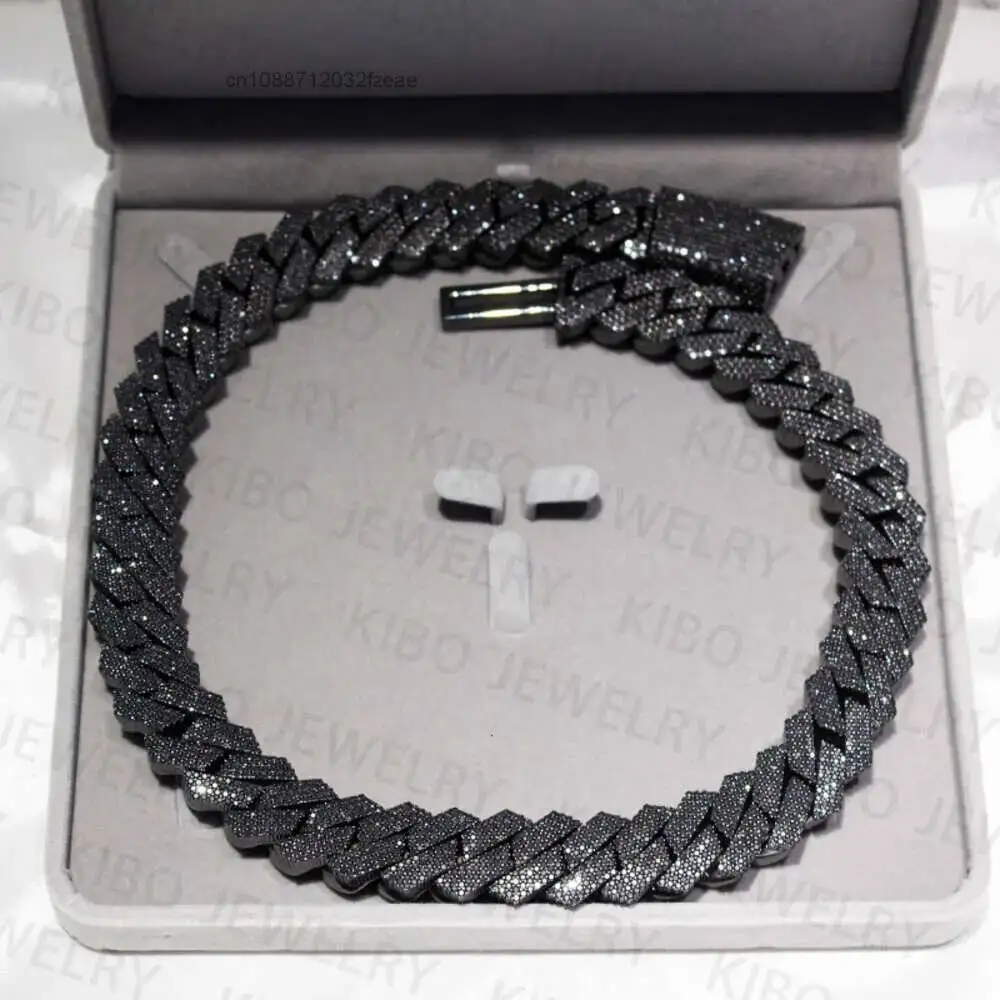Luxury Fashion Jewelry Iced Out 18mm 20mm Black Plated 2 Rows Top Quality Sterling Silver Black Moissanite Cuban Link Chain.