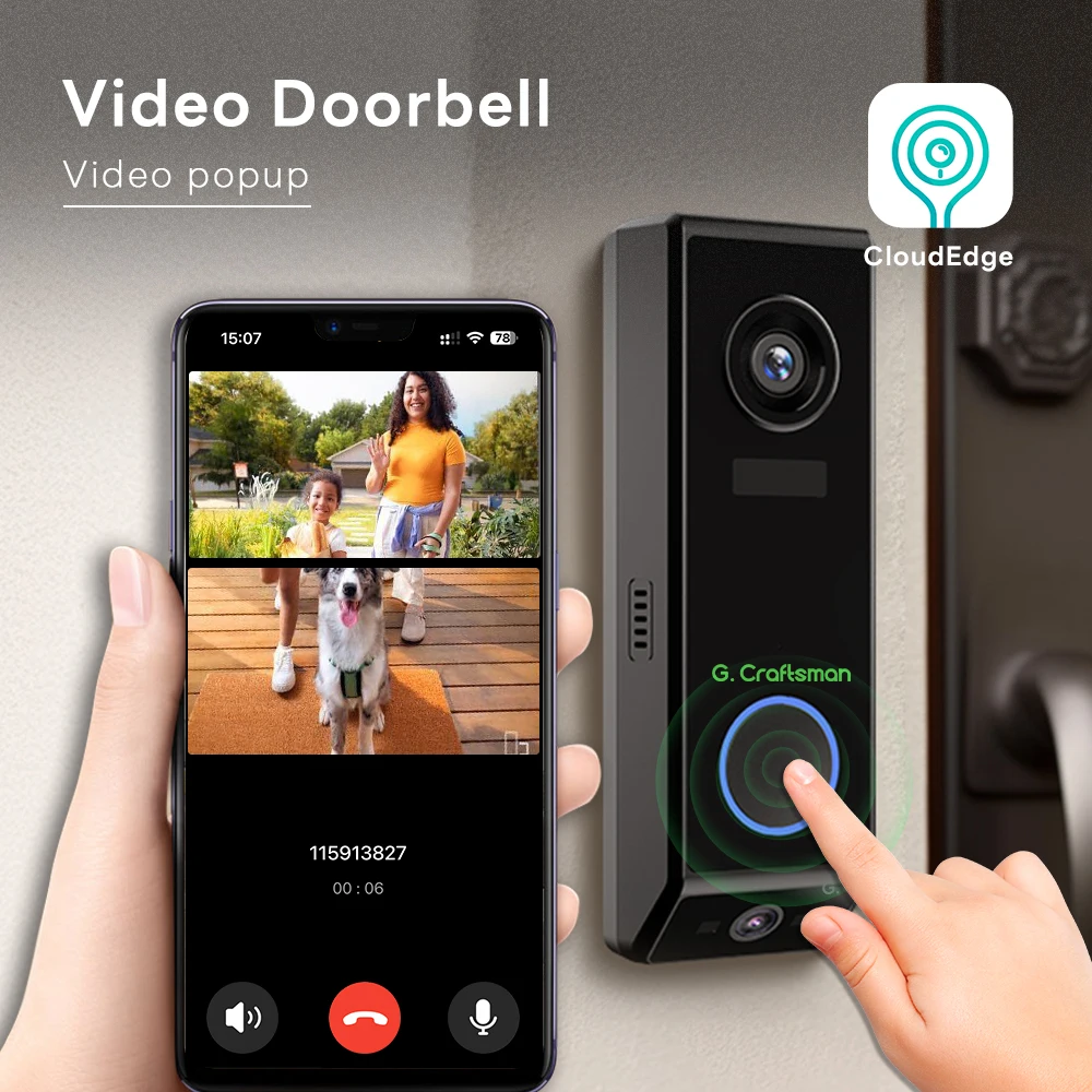 G.Craftsman Wireless WiFi Video Doorbell with Battery,Smart PIR Motion Detection,Night Vision,Intercom Doorbell Ring P10