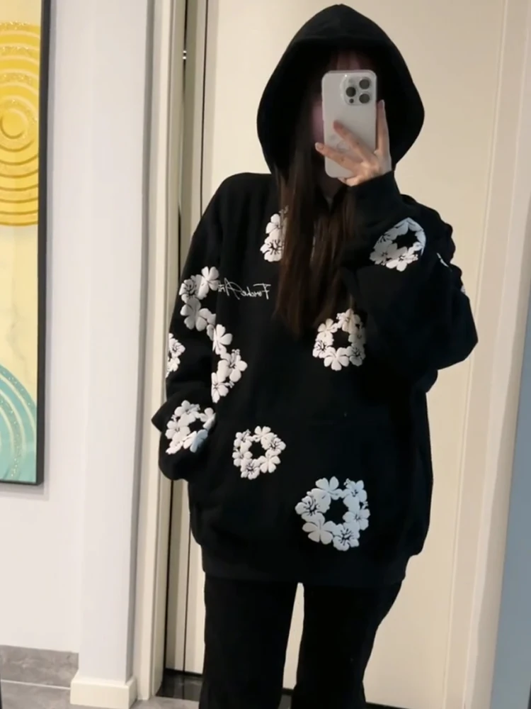 Moletom feminino solto com capuz floral fong estampa casual rua sle casaco outono inverno design sentido casal preguiçoso sle jaet