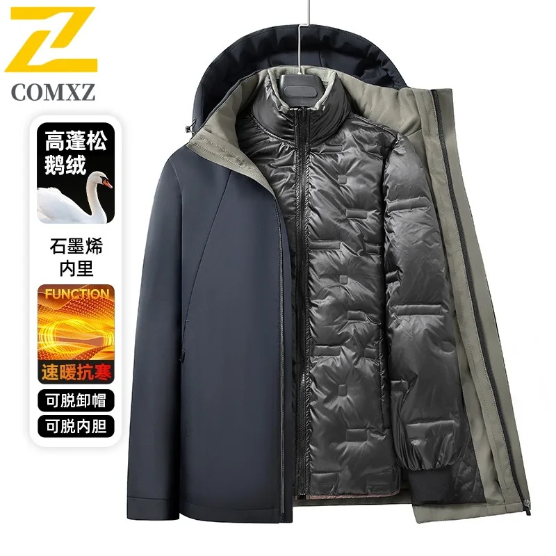COMXZ 2025 Winter Men Down Jacket New Middle Aged Dad Business Casual Detachable Inner Layer Hood Plush 90% Goose Down Coat