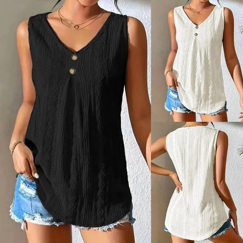 

Модная майка с вышивкой, женская майка с v-образным вырезом и пуговицами, свободная посадка, летняя одежда, дышащий материал