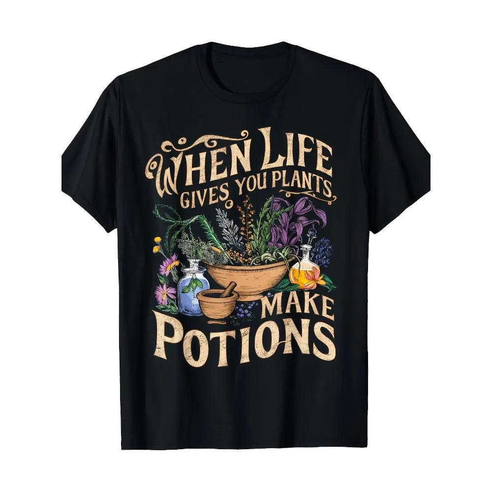 Men's Herbal Apothecary Graphic T-Shirt—When Life Gives You Plants, Make Medicine with Them. This Casual Black Shirt Features a Botanical Apothecary Style Design, with a Printed Pattern of Herbal Formula Bottles, and Is Specially Crafted for Herbal Medicine Enthusiasts.