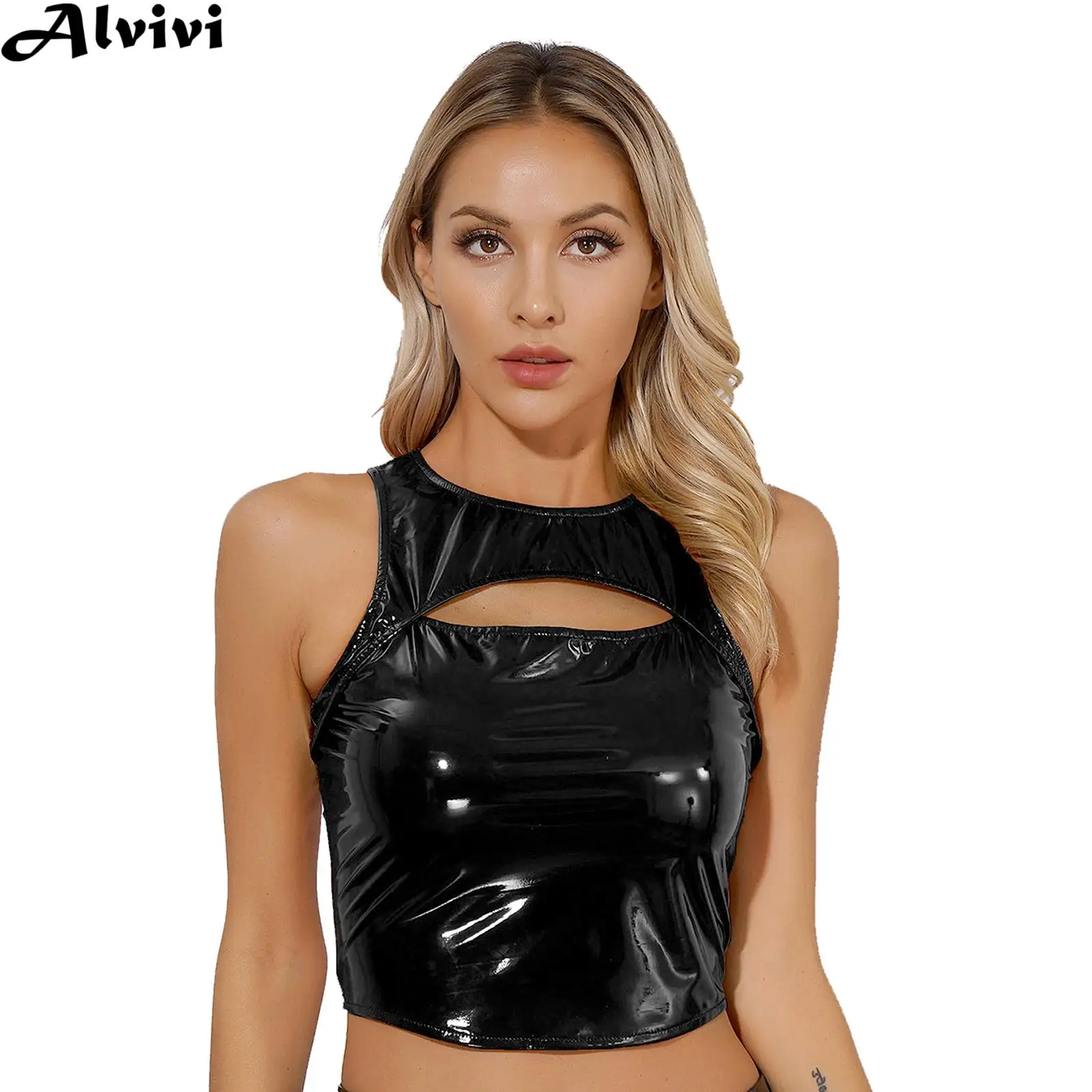 Women Wet Look Patent Leather Tank Top Pole Dancing Performance Costume Sleeveless Zipper Skinny Vest for Music Party Rave Club