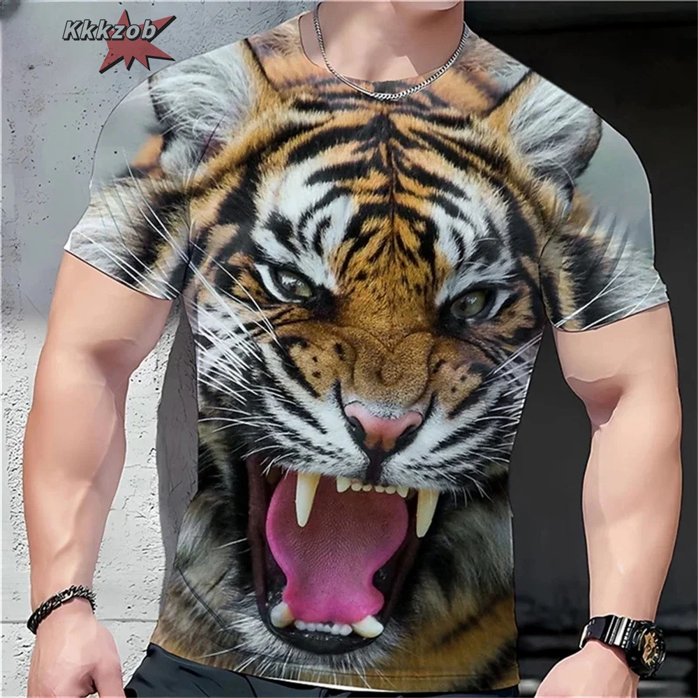 Fierce Tiger Animal Pattern Men's T-Shirts Short Sleeve 3D Animal Printed Trend Street Tee Oversized T Shirt Men Clothing Tops