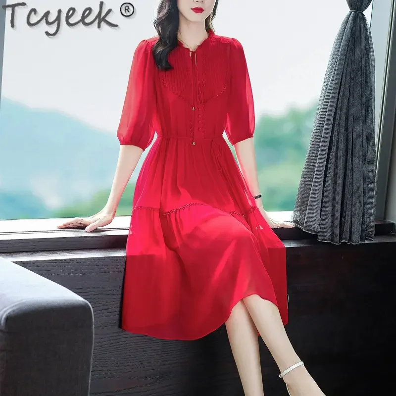 

Tcyeek 95% Mulberry Real Silk Summer Dress Lace Up Waist Solid Red Dresses for Women High Quality Fairy Dress Vestido Feminino