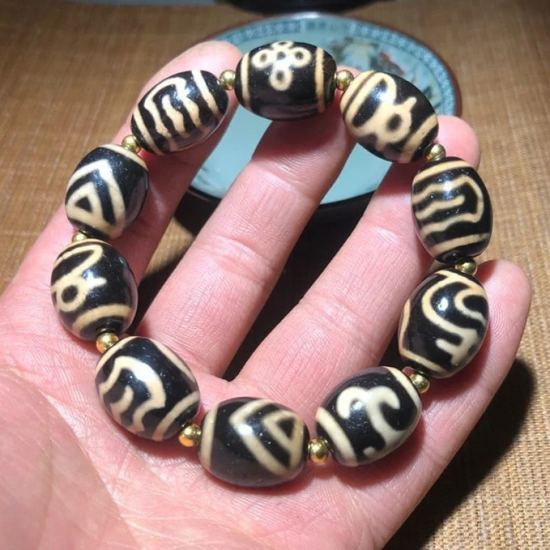 Natural Tibet Old Agate Duobao Three-Eye Water Pattern World Rough Stone Bracelet Sky Eye