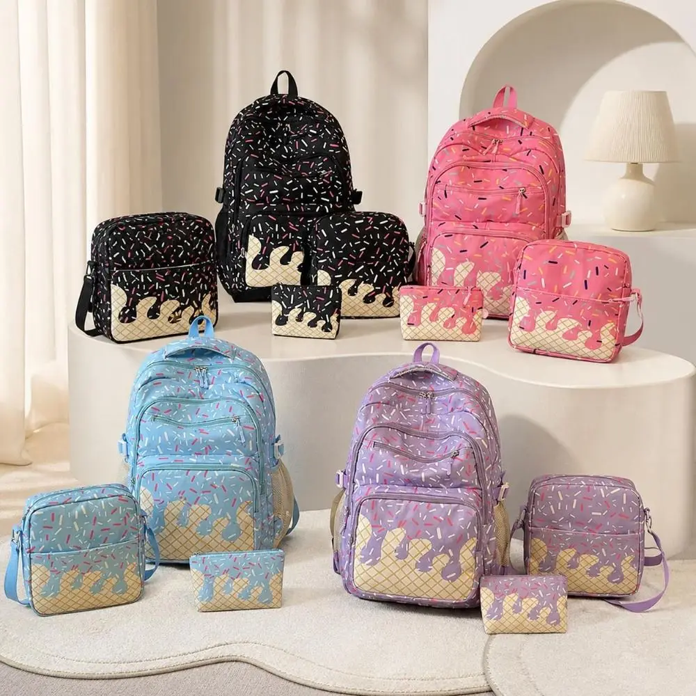3PCS Cute Ice Cream Print Backpack Set Lightweight Waterproof School Backpack Spacious Durable Printed Schoolbag Campus