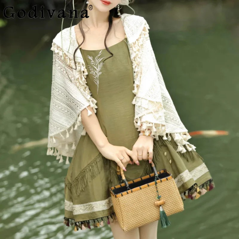 New Chinese Sweet Girl Chic Tassel Cloak Slash Neck Dresses Fashion High Waist Versatile Age Reduction Travel Suspender Dress