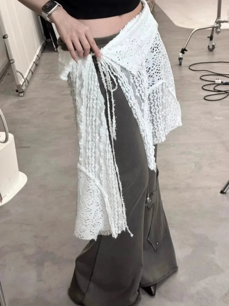 

plus Size Lace Trim Belted Skirt Women's Summer New Hollow out Layering f Skirt A-Line ort Skirt Korean Sle