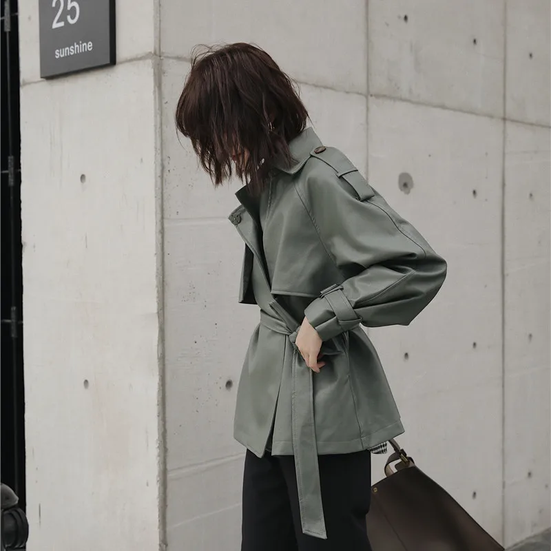 FTLZZ Spring Autumn 2022 Women New Casual Lapel Pu Jacket Coat Simplicity Loose Leather Jacket with Belt Office Lady