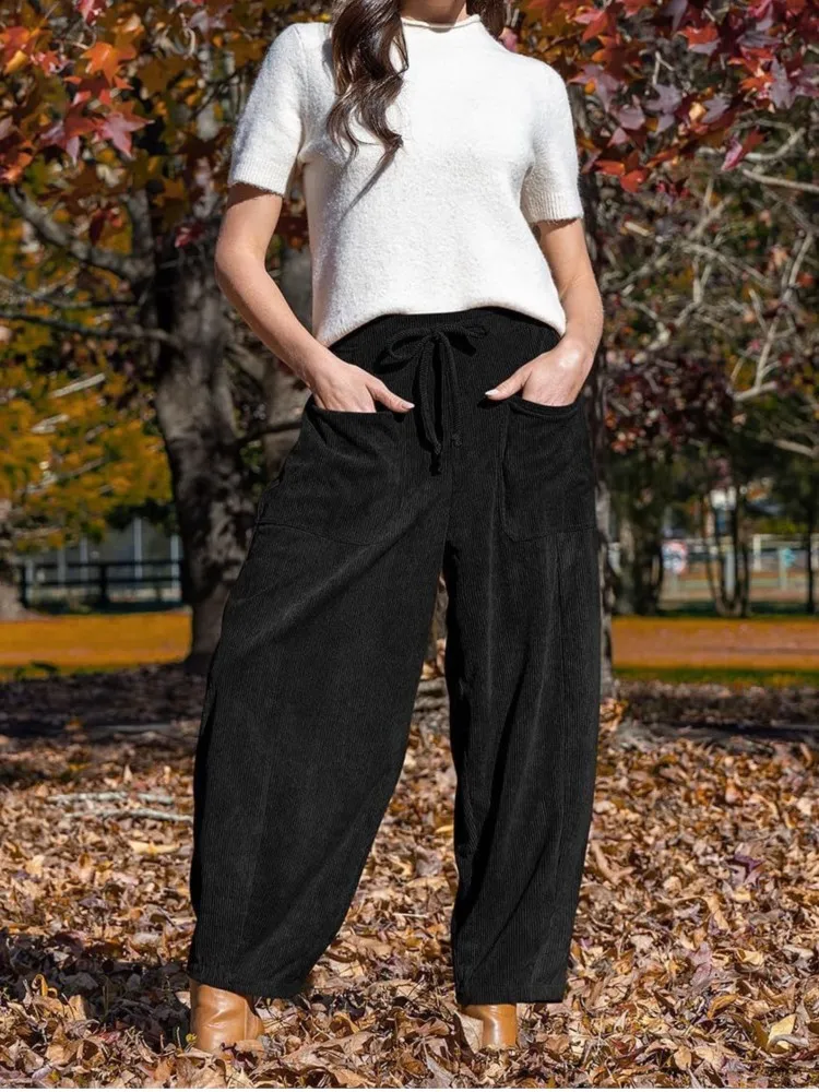 

Autumn And Winter Corduroy Casual Slimming Harlan Pants Women's Commuting Mid-waist Wide-leg Solid Color Nine-point Short Pants