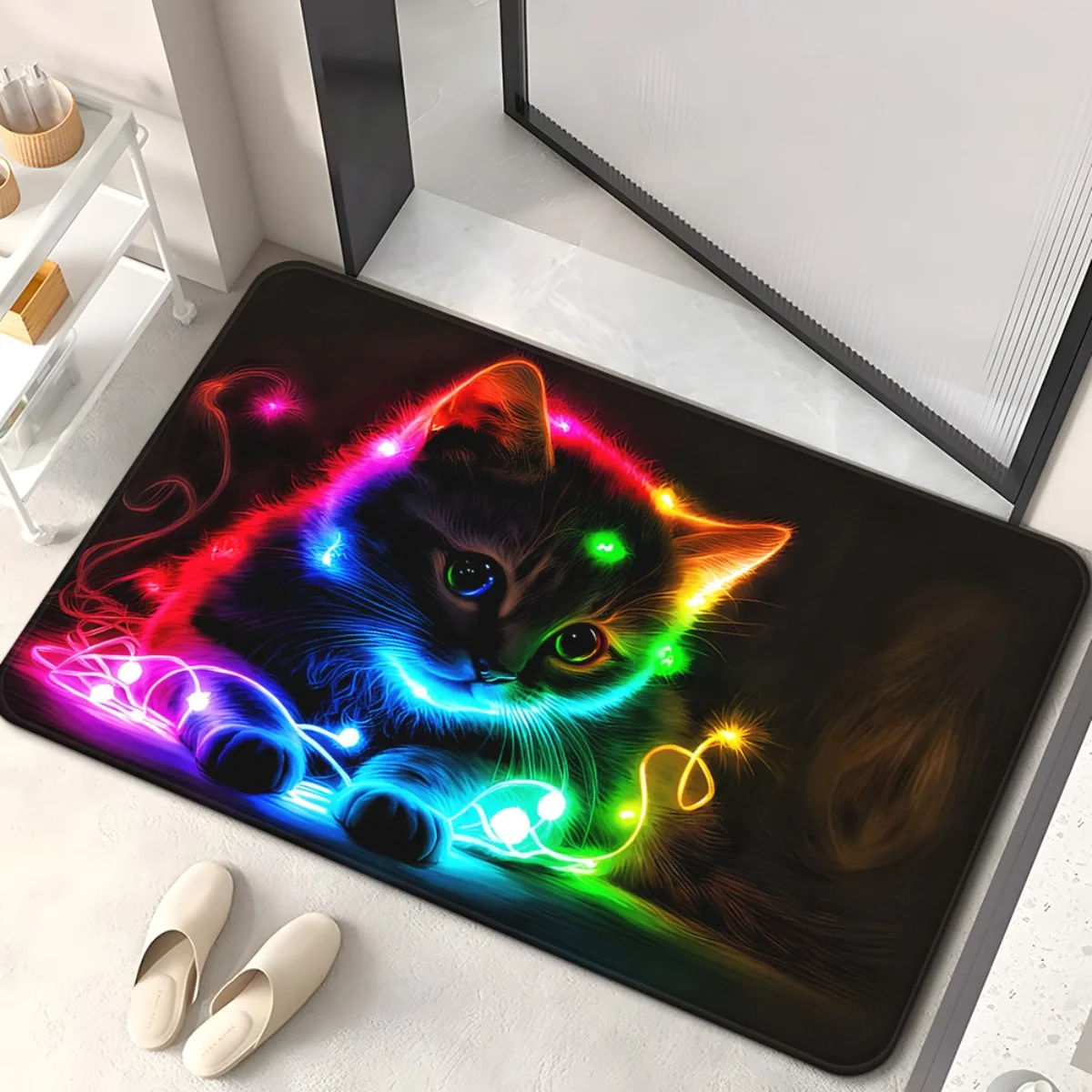 Neon Cat Glow Print Floor Mat, Non-Slip Absorbent Washable Rug for Bathroom Kitchen Garden, Artistic Pet Theme Home Decoration