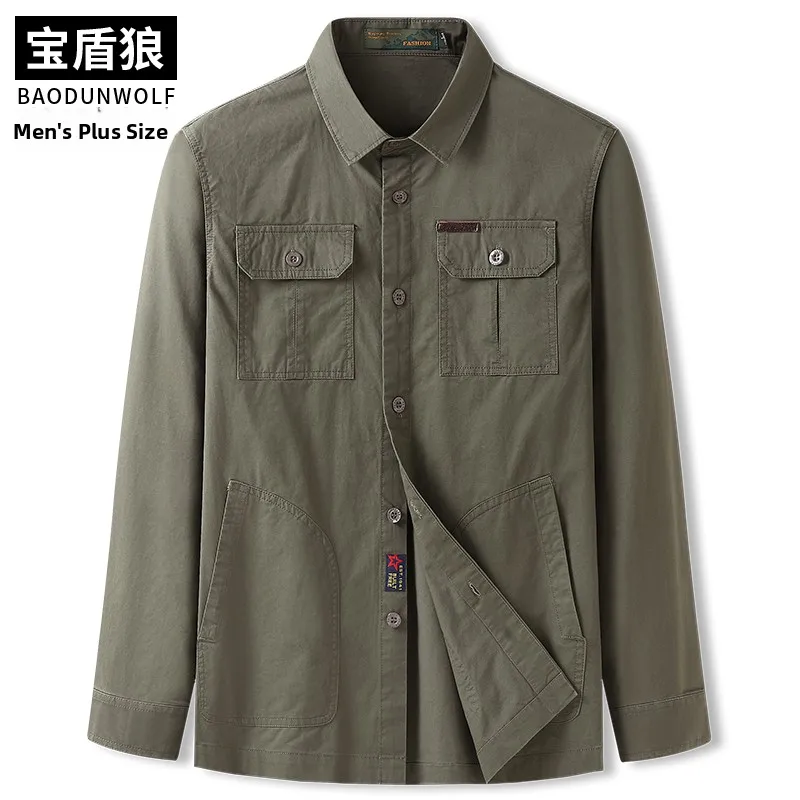 

plus Size Men's Cotton Work Shirt Spring Autumn Large Sleeve Long Pure Color Multi Pocket Oversized Jacket for Fat Men