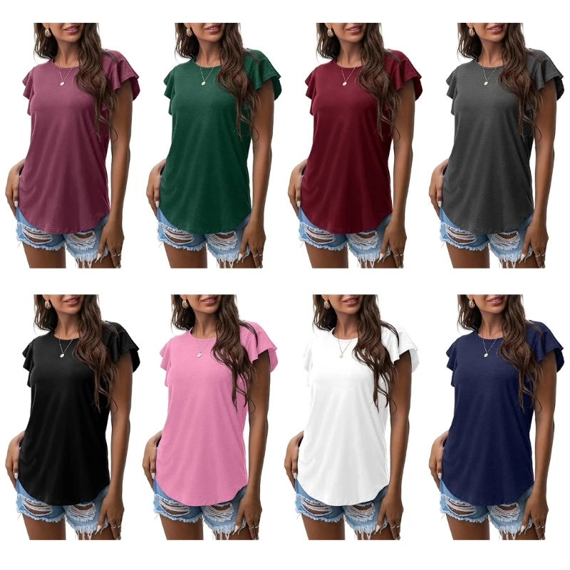 Women Summer Flutter Short Sleeve T-Shirt Casual Loose Crew Neck Plain Tunic Top