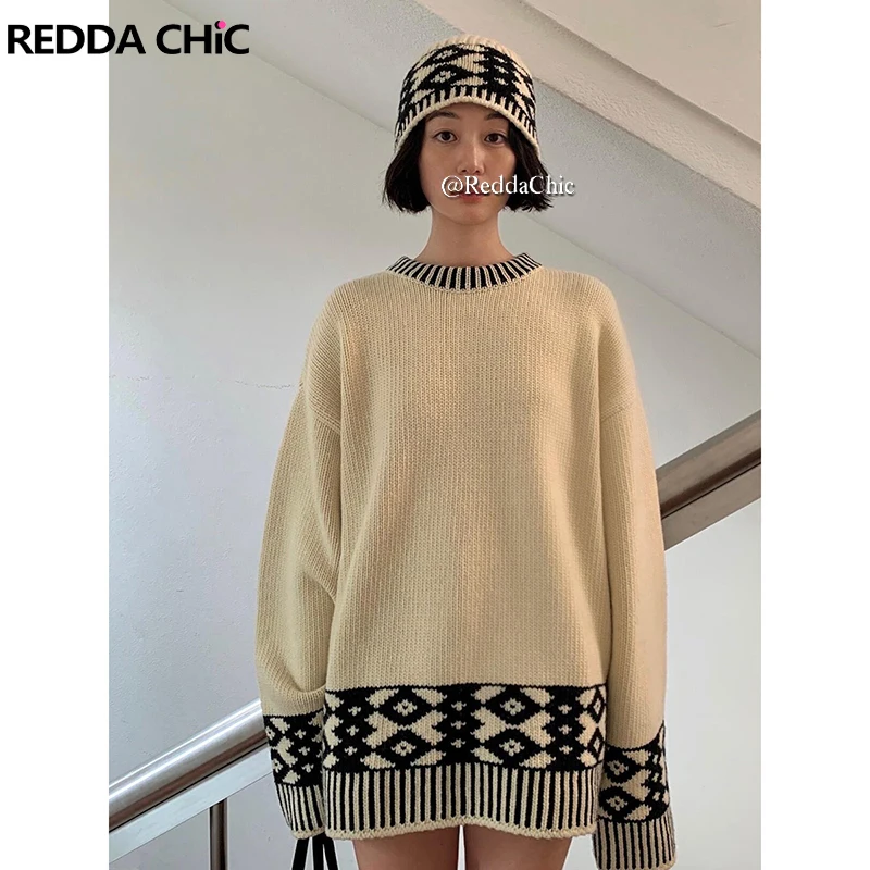 REDDACHiC Color Block Fair Isle Sweater Women Long Sleeves Pullover Totem Crocheted Oversize Jumper Top Vintage Chunky Knitwear