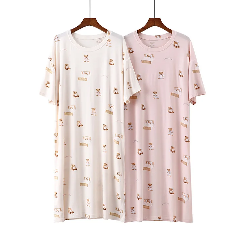 

Spring Summer Nightdress Modal Cartoon Women's Nightgowns Print Round Neck Short Sleeve Medium Long Dress Loungewear Sleepwear