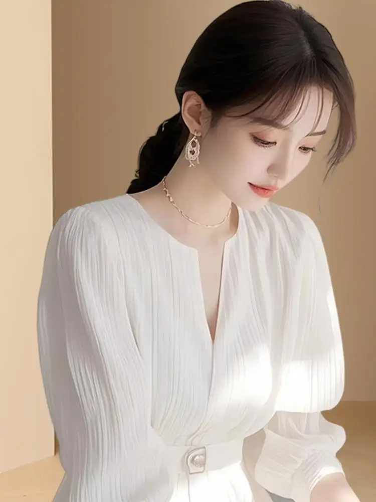 Ele Camicetta da donna irt primavera estate in chiffon a maniche lunghe che impinge la vita da pendolarismo Sle Slim Fit rotonda Ne lunghezza midi