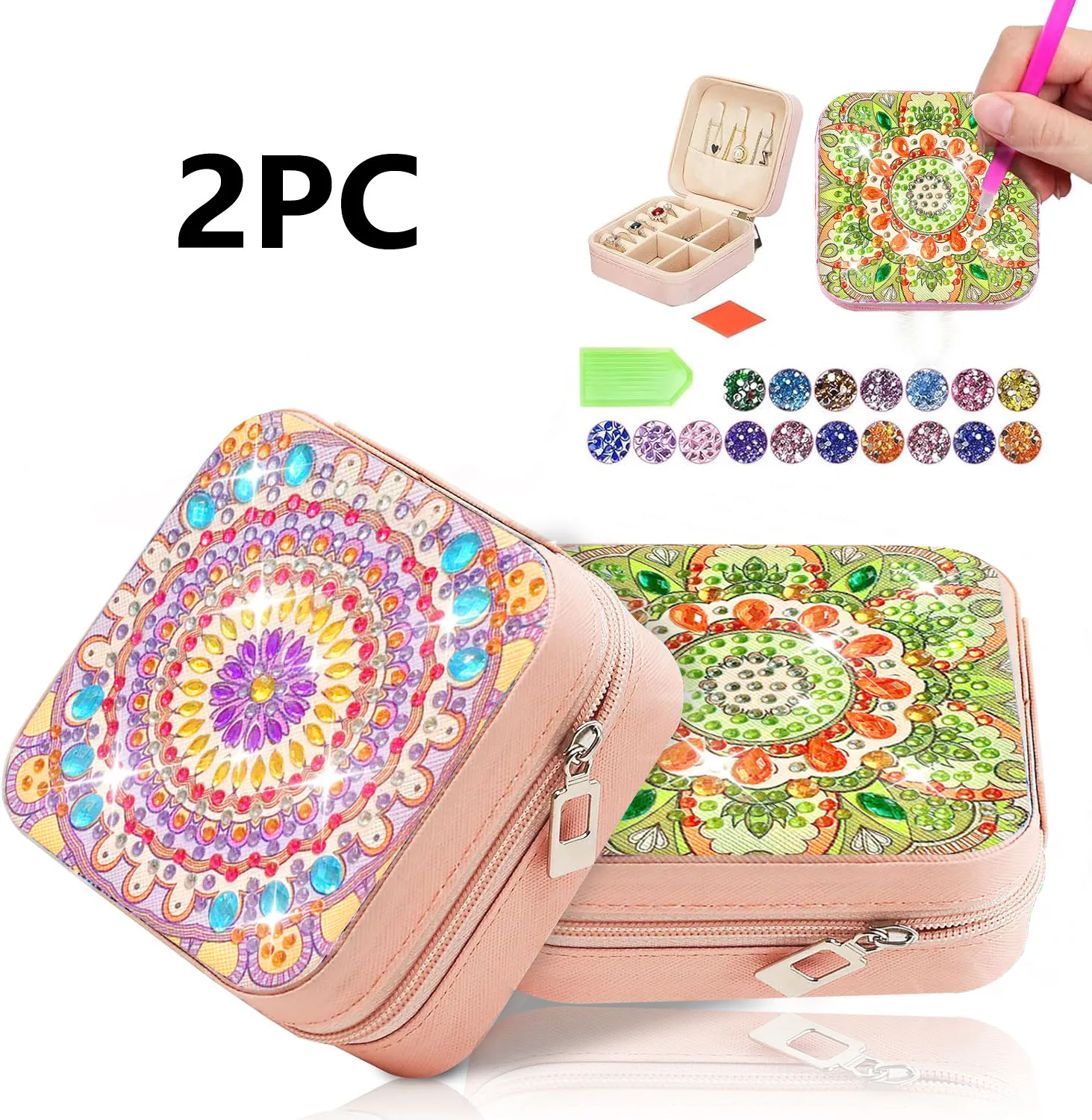 

2 DIY mandala pattern diamond art painting jewelry box sets, mini jewelry travel boxes made of canvas