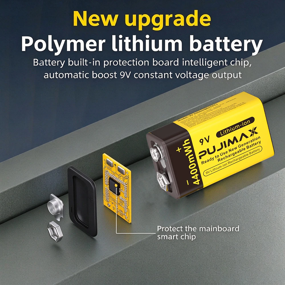 PUJIMAX USB 9V Rechargeable Battery 4400mWh Type-C Rechargeable 6F22 9V Li-ion Battery for RC Helicopeter Model Multimeter Toy