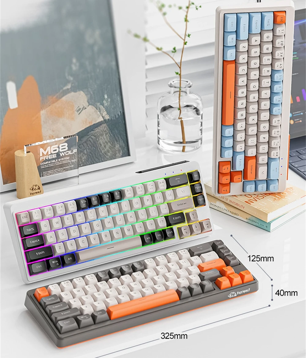 70% Layout Wireless Keyboard Russian Spanish Arabic Korean Keyboard 68 Kesy FreeWolf M68 Rainbow Lighting Bluetooth 2.4G Type C