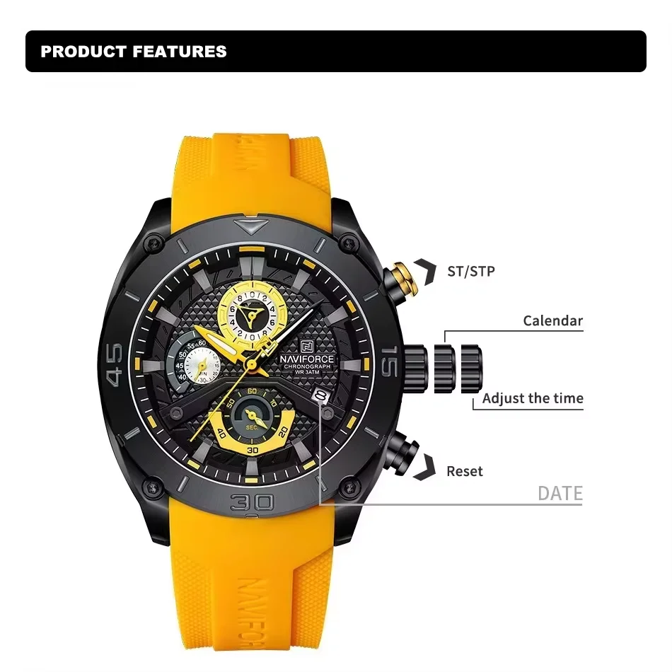 NAVIFORCE, reloj deportivo para hombre de la mejor marca, correa de silicona informal, cronógrafo luminoso resistente al agua, reloj de pulsera de