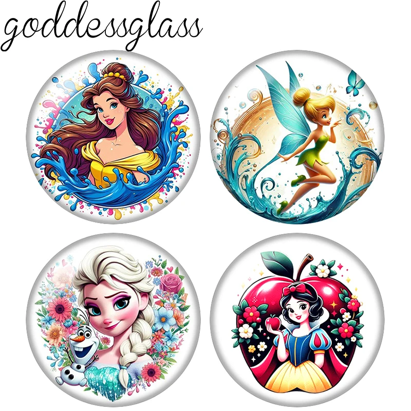 Disney Princesses Belle Tinker Elsa Snow white 12mm/18mm/20mm/25mm Round photo glass cabochon flat back Making findings keychain