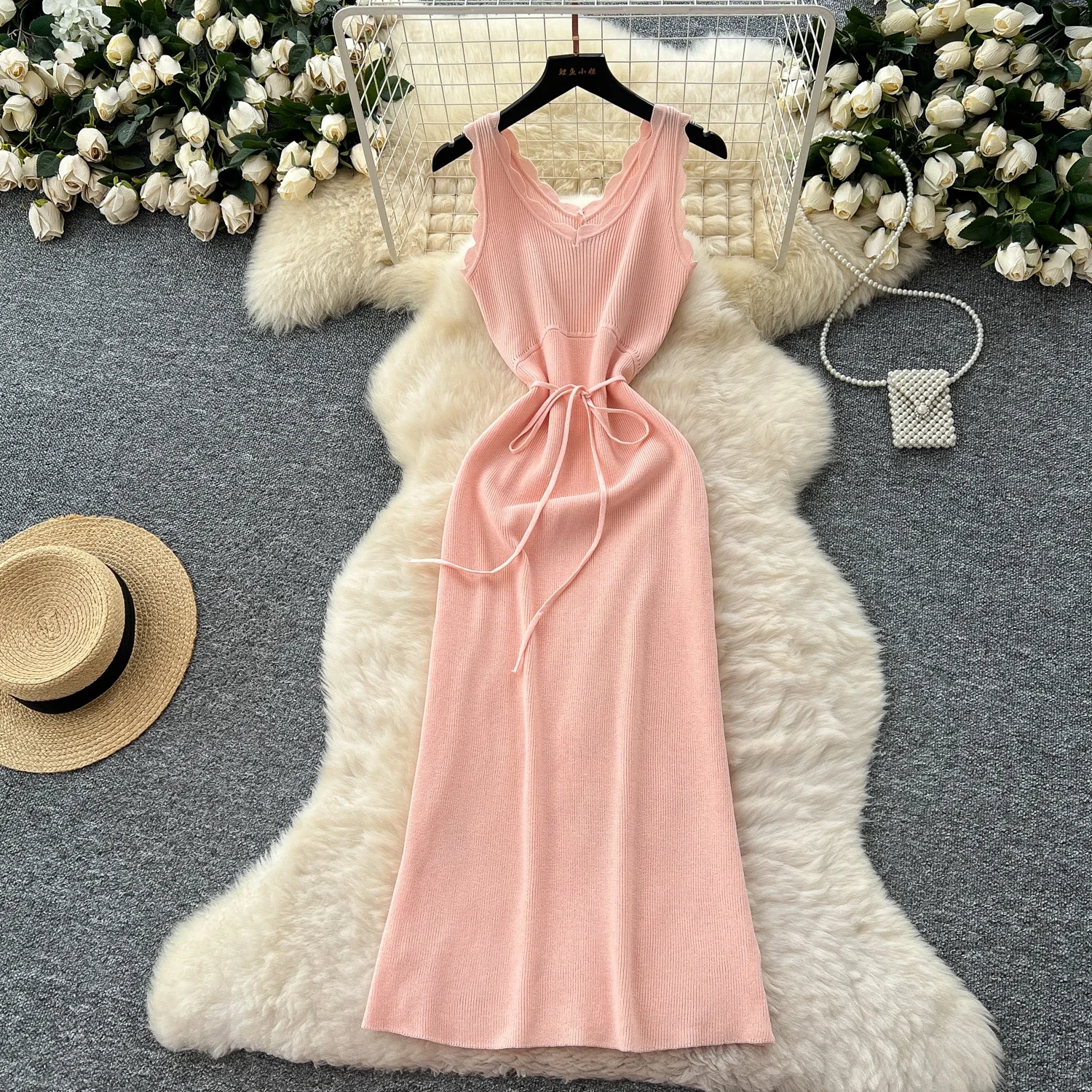 

Pink New Women Elegant Solid Knitted Dress With Belt 2025 V Neck Sleeveless Dresses Slim Midi Long Dress Office Lady